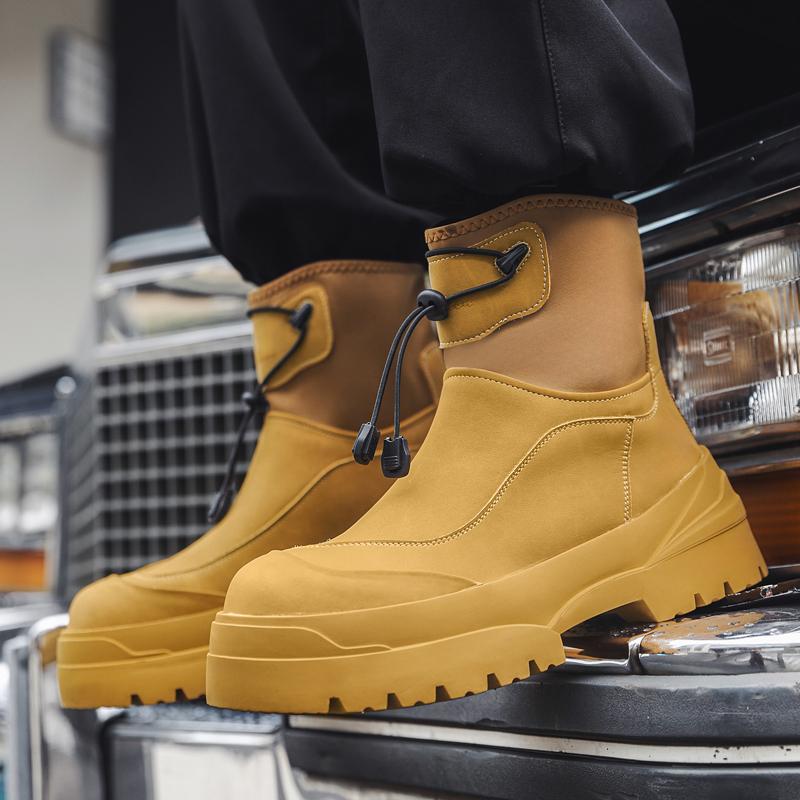 Winter Windproof Cotton Rain Boots Men Warm Ankle Fashion Black High-top Men Leather Big Head Platform Heightening Black Casual