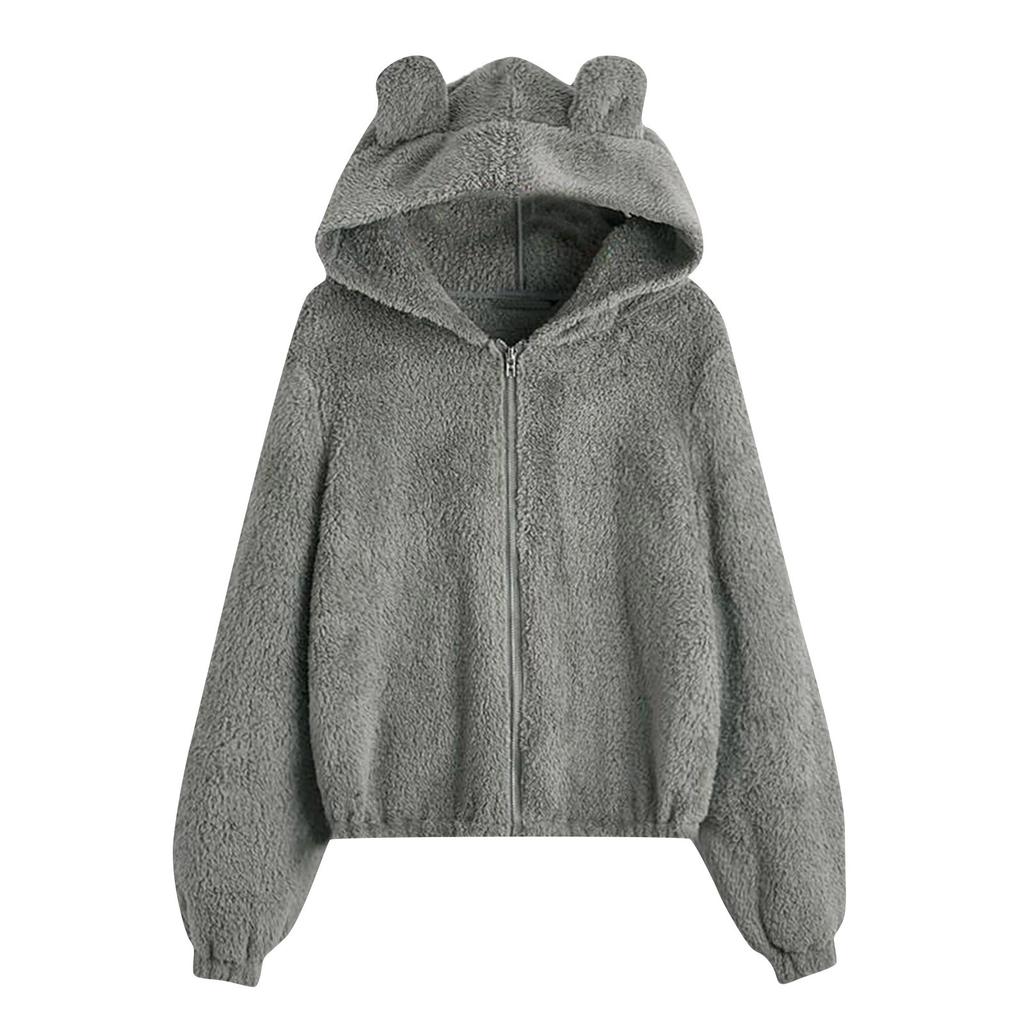 Women's Fashion Solid Color Casual Loose Hooded Fleece Cardigan Jacket