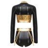 Womens Metallic Shiny Clubwear Outfits Snakeskin Pattern Print Long Sleeve Crop Tops+High Waist Shorts for Raves Disco Dance Top