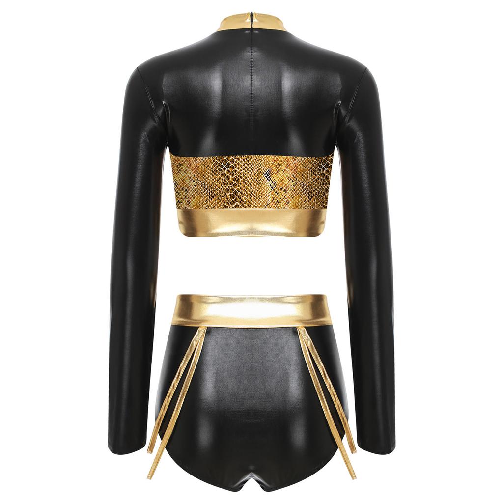 Womens Metallic Shiny Clubwear Outfits Snakeskin Pattern Print Long Sleeve Crop Tops+High Waist Shorts for Raves Disco Dance Top