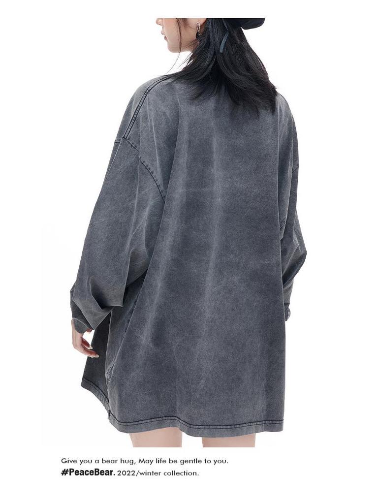 230G Ciężka Koszulka z Długim Rękawem, Okrągłym Dekoltem, Bawełniana, Vintage, Zniszczona, Luźny Krój, Duży Rozmiar