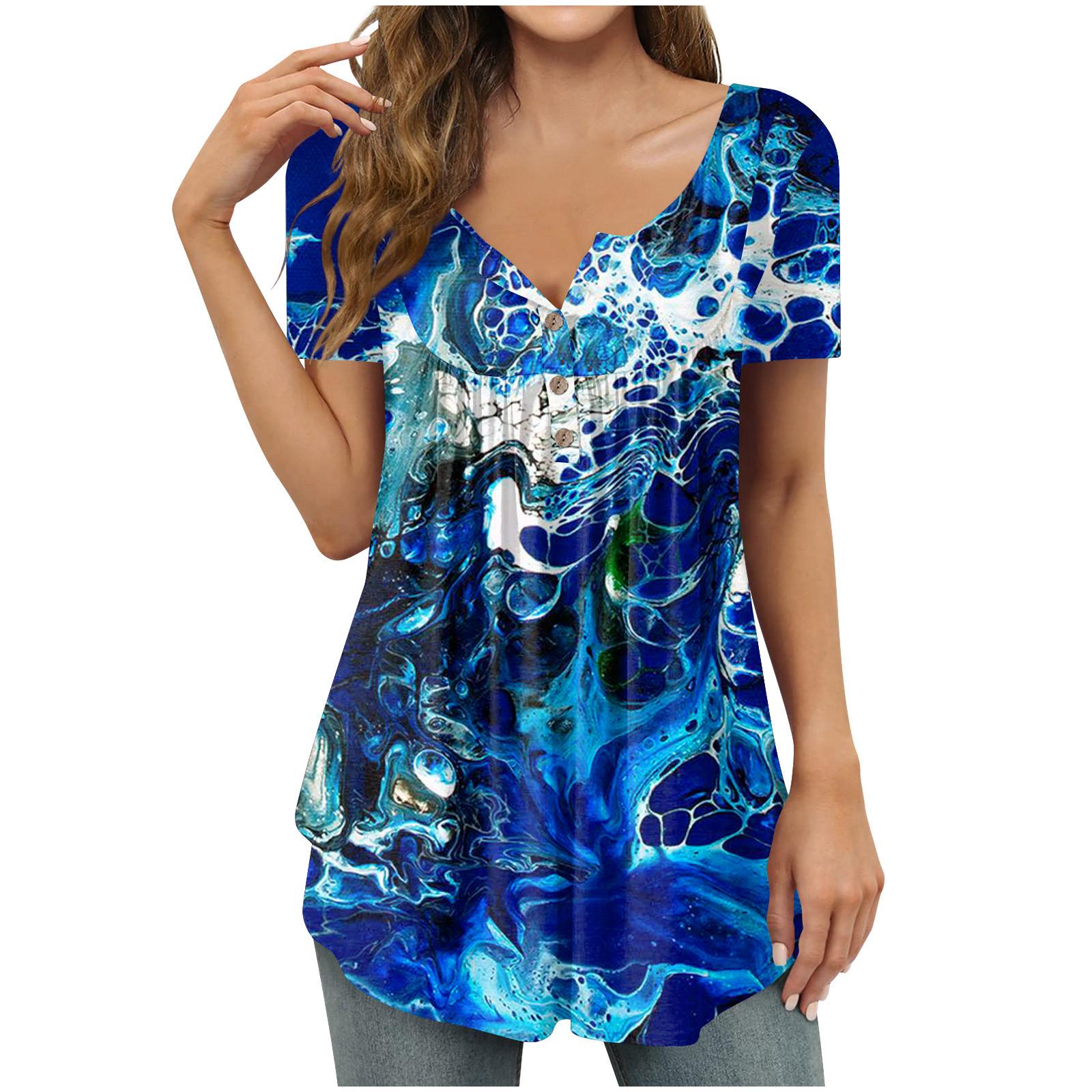 

Women s Fashion Casual Print Short Sleeve Button V Neck Loose T-Shirt Top XXL ціан