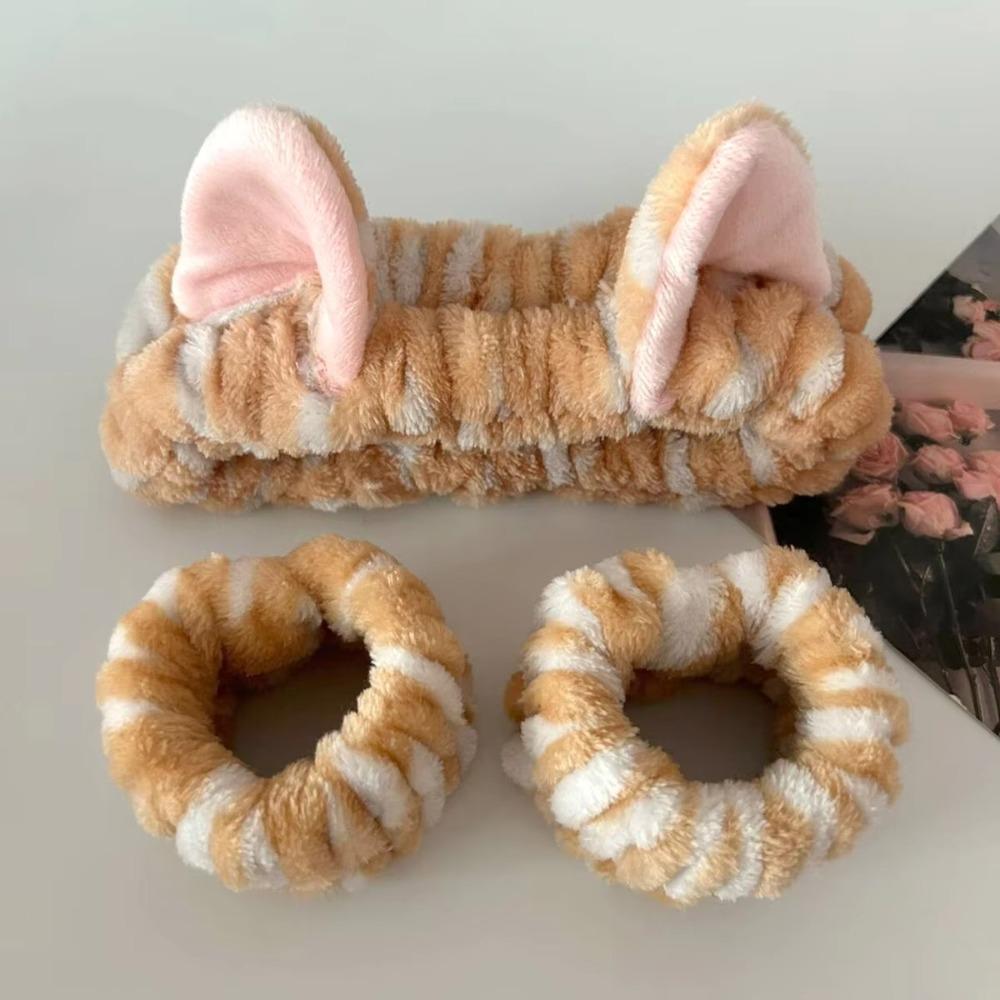 3pcs/set Leopard Print Cute Cat Ear Plush Headband Elastic Wrist Strap  For Women Girls