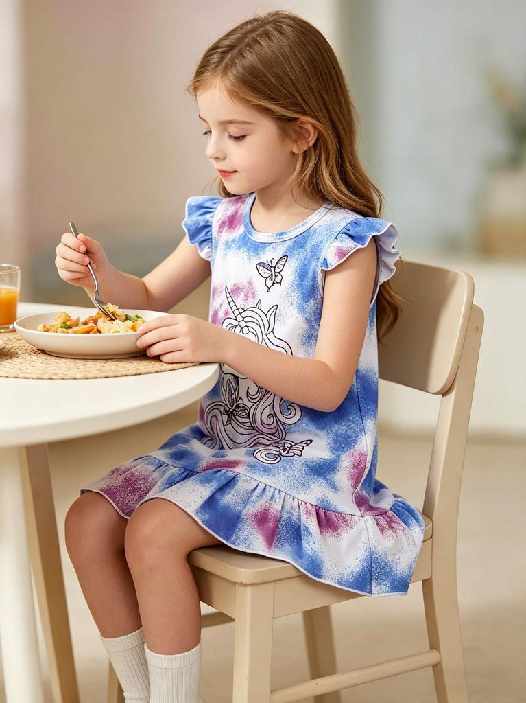 Little Girls Summer Dress, Cute Blue Unicorn Printed Soft Stretch Sleeveless Easter Dresses, Sundress for Kids 2-8 Year