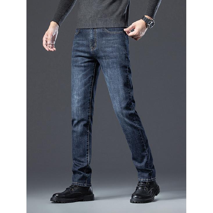 Spring And Autumn New High End Plush Jeans For Men Straight Tube Slim Fit Elastic Thick Casual Pants Autumn And Winter Men'S Pants