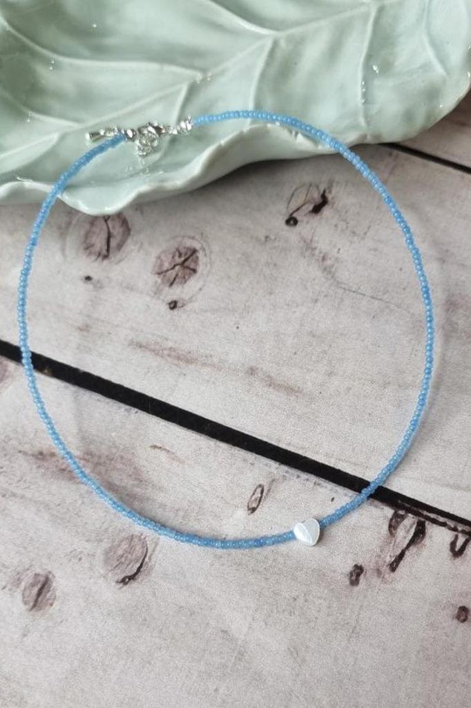 Handmade Choker with Light Blue Seed Beads and Natural Heart Shell Pendant