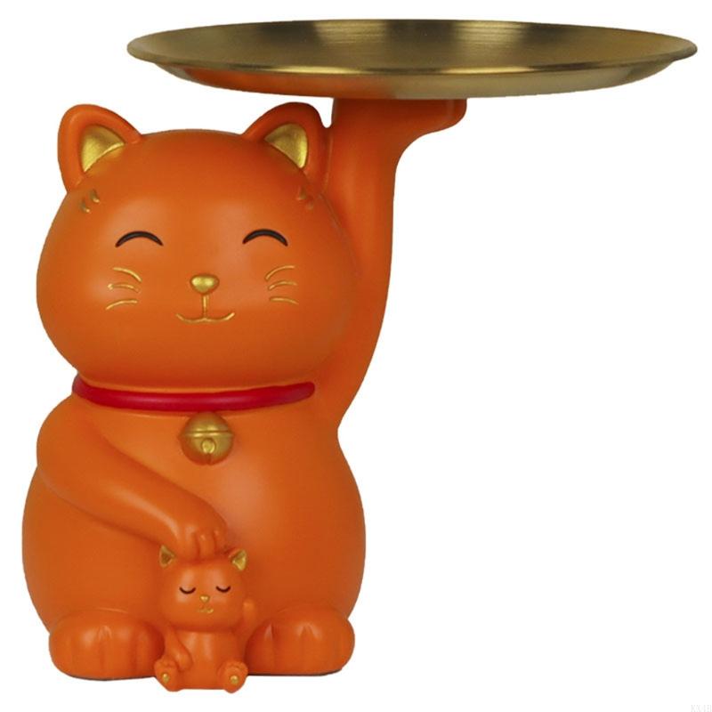 KX4B for Creative Fortune for Cat Statue with Storage for Key Tray Fruit Jewelry Snacks Candy Plate Shelf Resin Animal Figuri