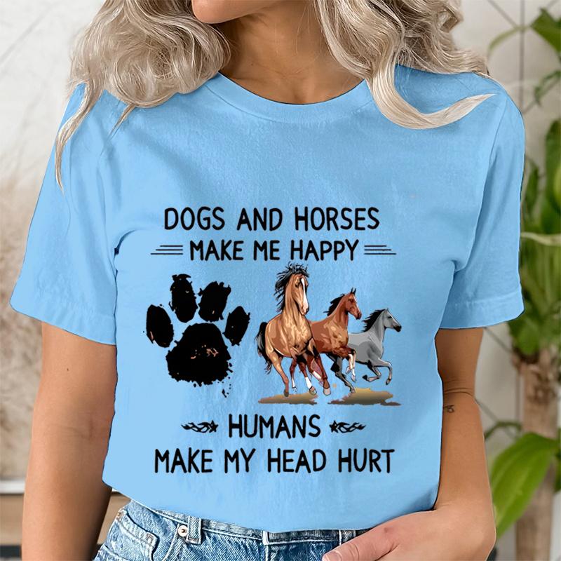 Dog Paw Wild Horses Graphics T Shirt Women Short Sleeve Shirt Dogs and Horses Make Me Happy Print Clothes Summer Female Tshirt