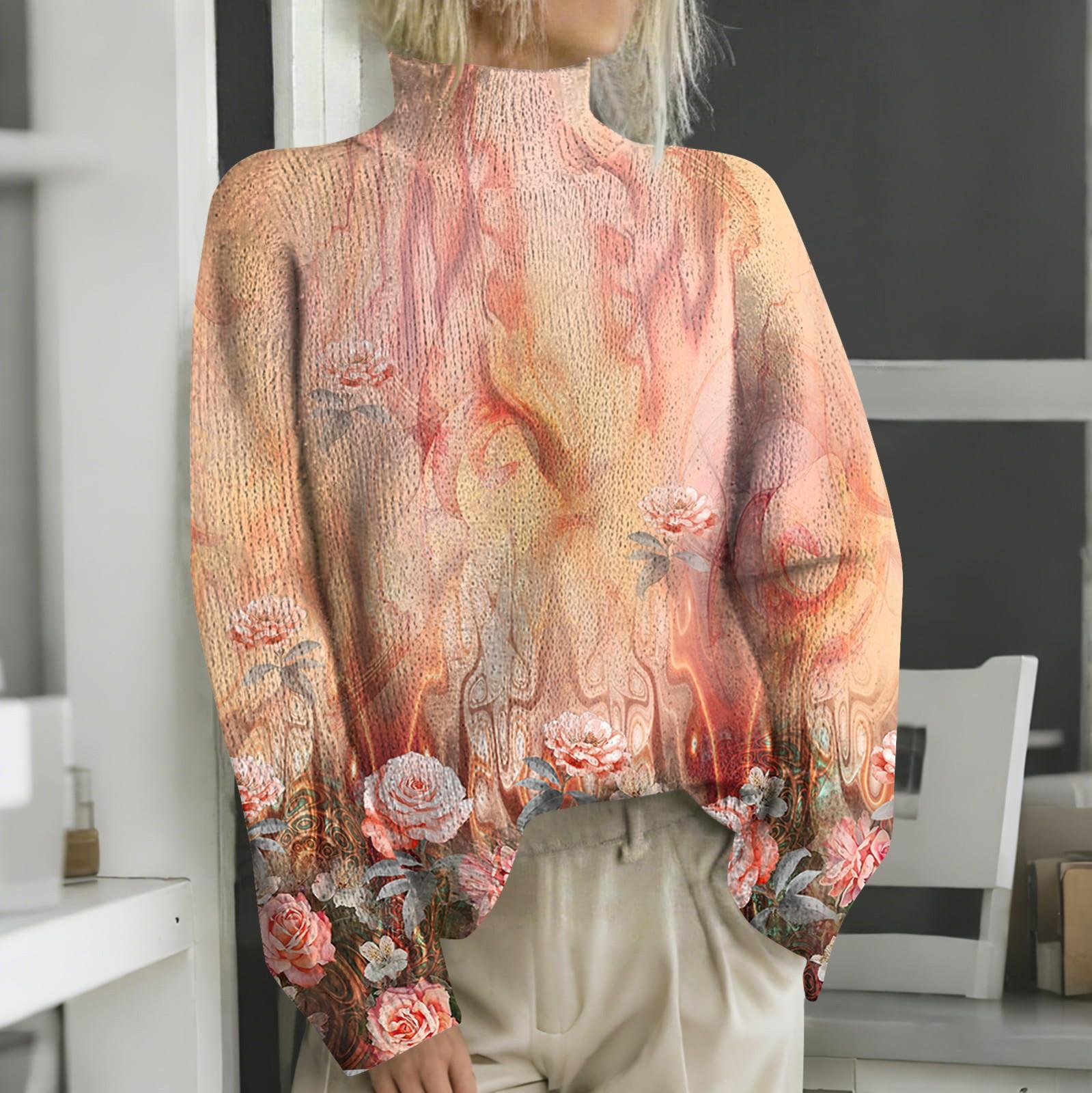 

Женская мода повседневная с длинным рукавом и принтом, с высоким воротом, шерстяной трикотаж XXL оранжевый