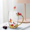 Glass Coffee Enamels Mug with Steel Spoon ,Best Birthday Valentines Gifts for Women,Enamel Flower Lead-free Glass Coffee Mugs Tea Cup