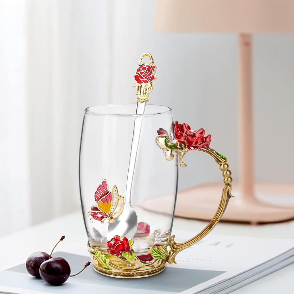 Glass Coffee Enamels Mug with Steel Spoon ,Best Birthday Valentines Gifts for Women,Enamel Flower Lead-free Glass Coffee Mugs Tea Cup