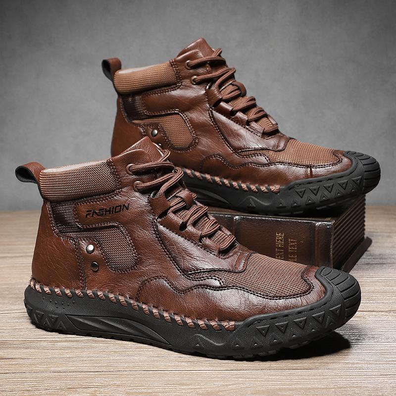 Neue Echte Leder Schuhe Herren Übergröße 48Luxuriöse Dicke Stiefel Outdoor Hohe Stiefel Freizeit Wasserdichte Schuhe Neue Schnürung Herren Schuh