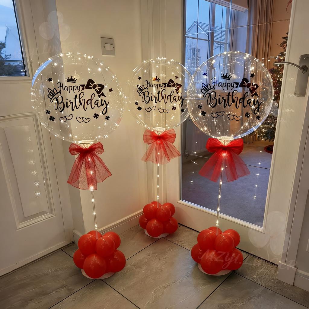 LED transparent bobo balloon light string (no battery) with happy birthday sticker, birthday party decoration, photo props