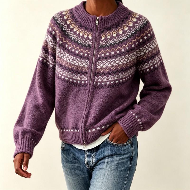 Faroese-Inspired Cable Knit Zip-Up Sweater Womens Oversized Round Neck Cardigan Winter