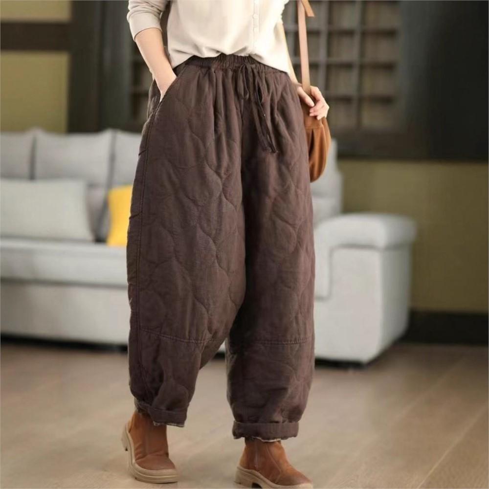 Johnature Damen Vintage Warme Hosen Elastischer Bund Einfarbig Winterhosen Taschen Weibliche Lässige Lange Hosen