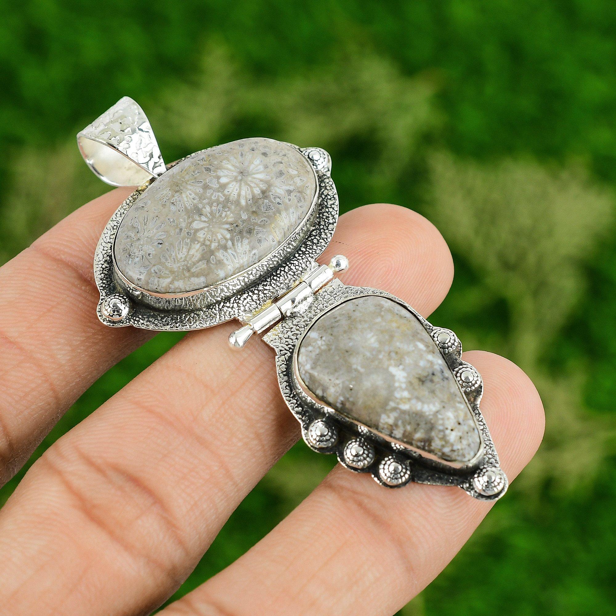 

Oval Root Chakra Fossil Coral Gemstone Artisan Wife Pendant 925 Sterling Silver