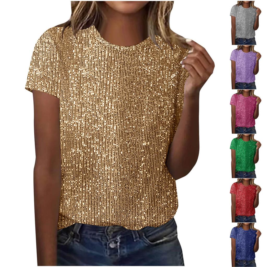 Women Multi Color Round Neck Short Sleeve Glitter Sparkle Casual Top
