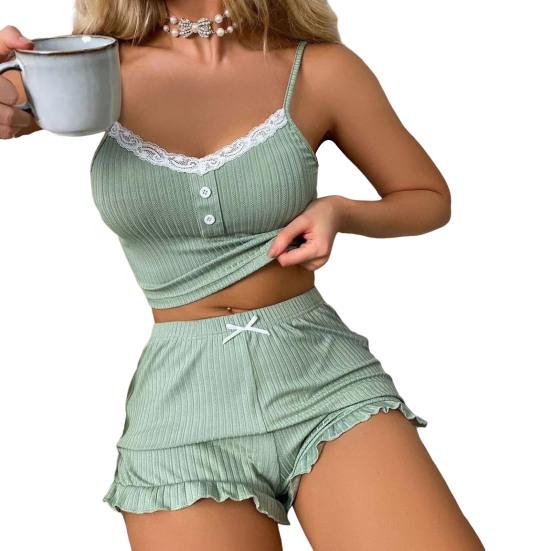 Dame Sexet 2-delt Pyjamasæt Ribbet Blonderkant Knap Cami Top Flæsekant Shorts Nattøjssæt Sommer Afslappet Loungewear