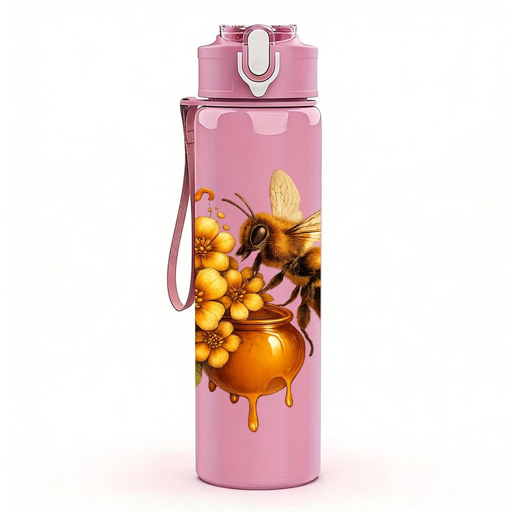 1PC Bee Sunflower Floral Print 750ml Color Plastic Sports Water Bottle Leakproof Flip Straw Lid Suitable for Sports Office Home Use