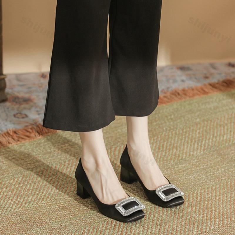 Fashion Thick Heel Rhinestone Design Elegant High Heels for Women 2025 Summer New Style Square Head Shallow Mouth Slip on Fashion Pumps