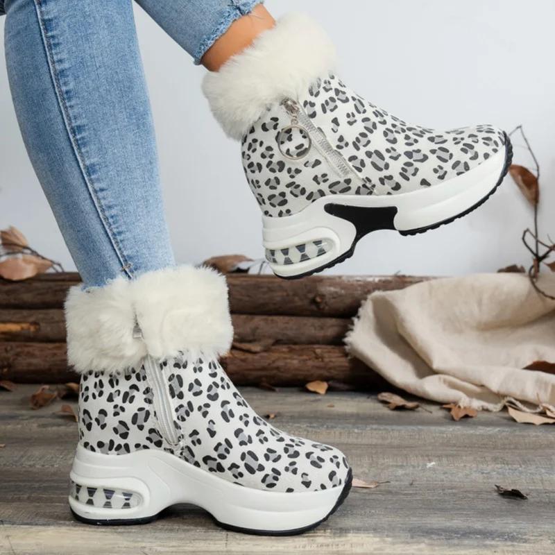Leopard Women Platform Fur Ankle Boots Snow High Heel Sport Shoes Chelsea Winter 2025 Trend Plush Warm Casual Sneaker Bota Mujer
