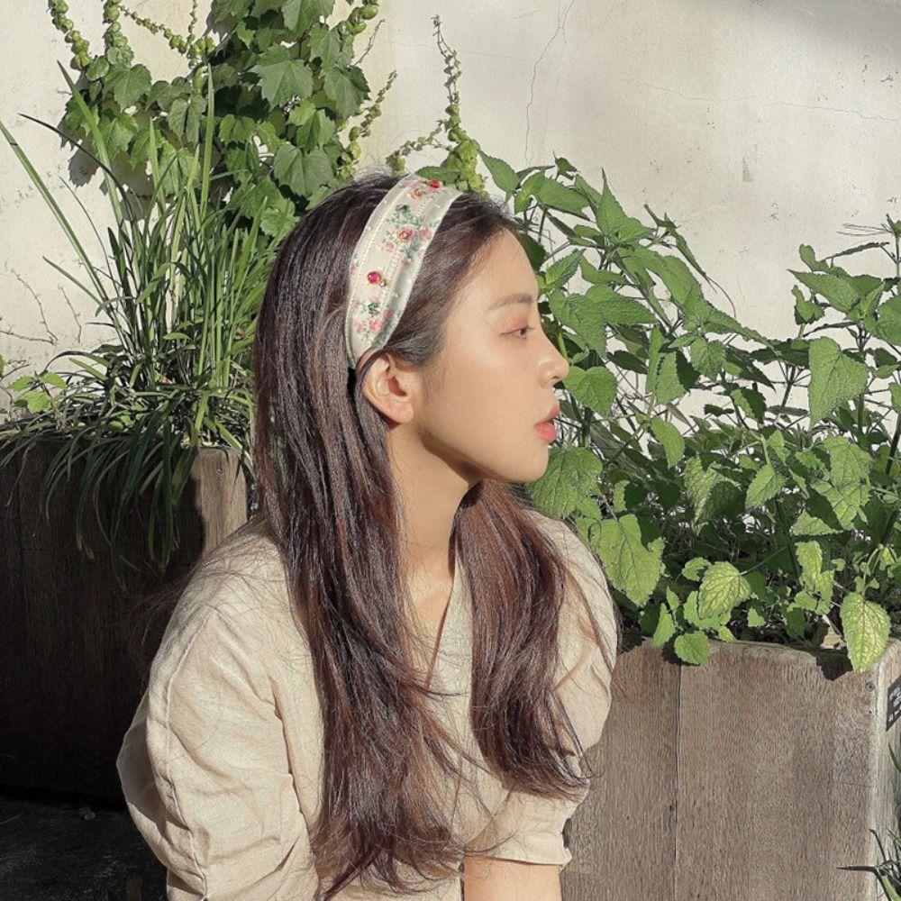 Floral Bow Hair Rope Wide Edges Rhinestone Hair Band Creative Embroidery Lace Headband  Women