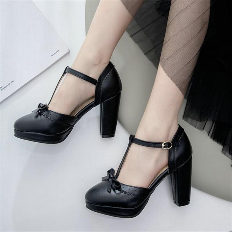 Girls' Shoes New Women Mary Janes Pumps T-Strap Women 8cm Spike Heels Shoes Bowtie Lolita Shoes Buckle Strap Wedding Bridal Shoe