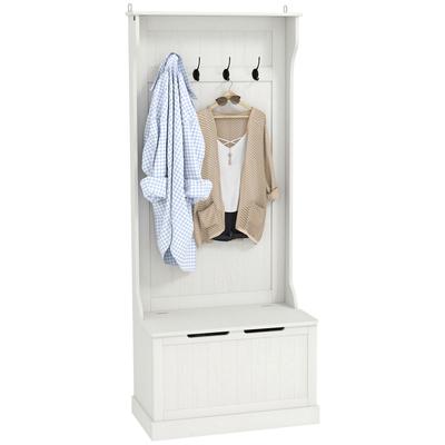 Moderner Garderobenständer mit Schuhaufbewahrungsbank und 4 Haken, 71,5x39,5x170cm, Weiß