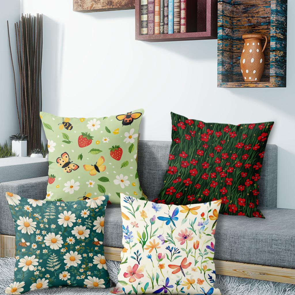 4pc Colorful Floral  & Insect PillowcasesSuitable for sofa car bedroom decorative cushion cover pillow cover 35x35cm-4pc14x14in