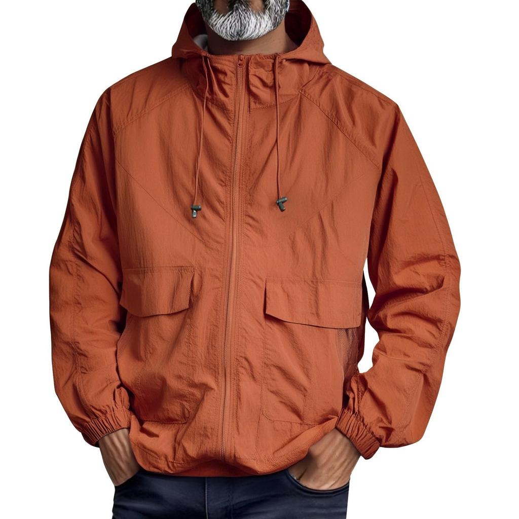 Men's Lightweight Hooded Windbreaker Jacket with Zipper Closure and Front Flap Pockets for Outdoor Activities