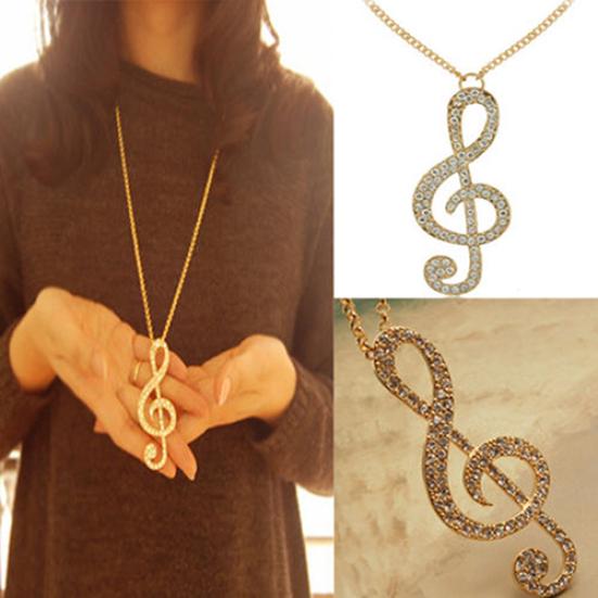 Fashion Women Fully Rhinestone Music Note Pendant Long Chain Sweater Necklace