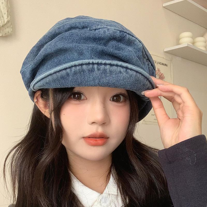 Japanese Washed Old Denim Pleated Beret Hat for Women Retro All Match Face Showing Little Painter Octagonal Hat Newsboy Hat