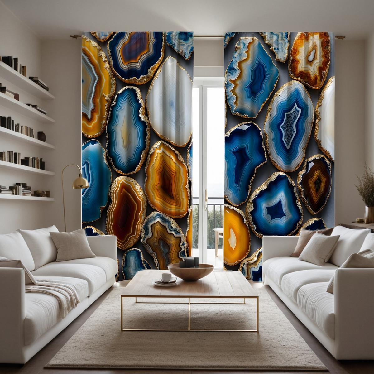 

2 шт. HD декоративная занавеска в стиле скандинавского света с роскошным агатовым узором, синяя цифровая печатная занавеска в стиле домашнего декора W52H63inchW132H160cm