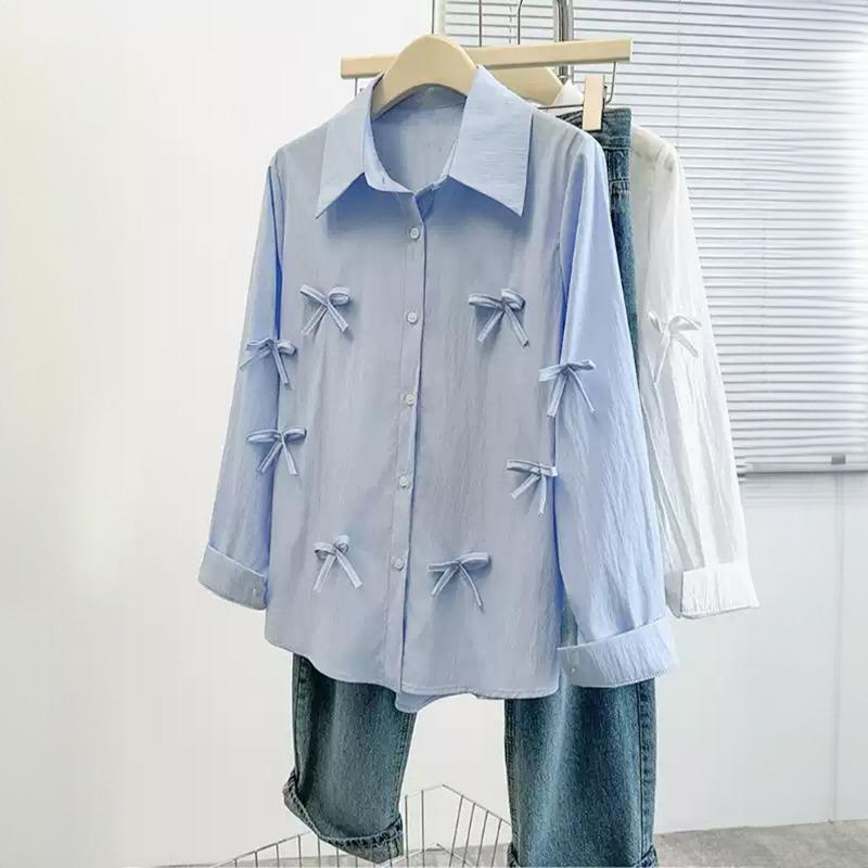 Vacation Fashion Button Long Sleeve Cardigan Shirt Women s Autumn and Winter S синий