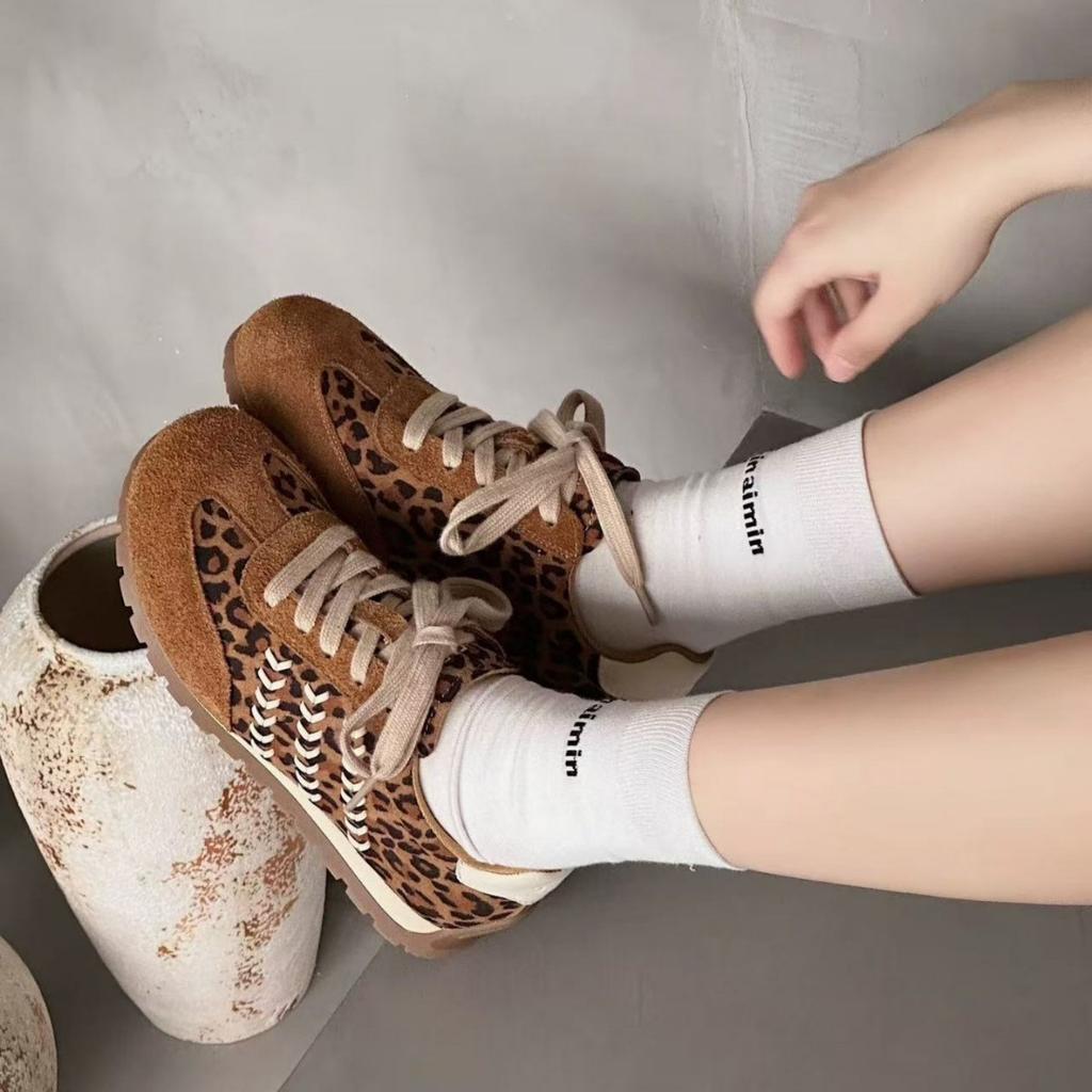 Leather Leopard Print German Training Shoes Women's 2025 Autumn and Winter New Thick-soled Velvet Retro Versatile Casual Sports Forrest Gump Shoes