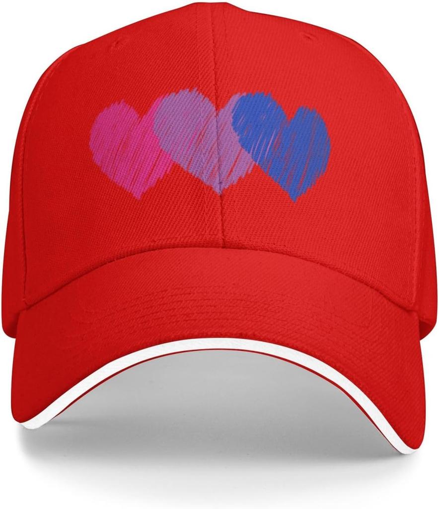 Bisexual Pride Hearts Print Red Baseball Cap Polyester Adjustable Casual Sun Protection Hat