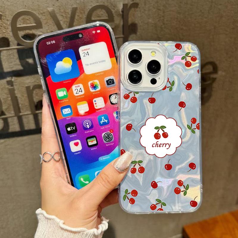 Little Cherry Print Luxury Glitter Case For iPhone 16 Pro Max 15 Pro 14 13 12 11 Hybrid TPU PC Clear Shockproof Slim Phone Cover