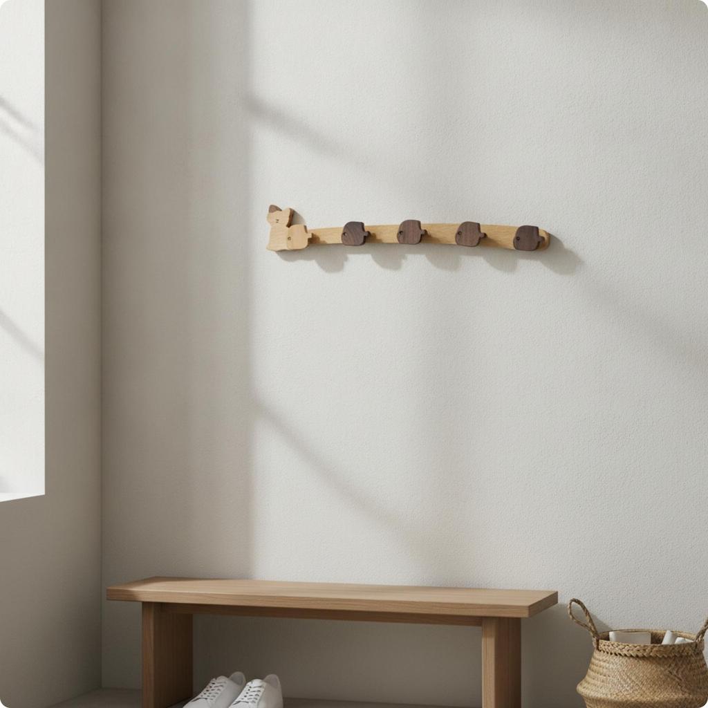 Cat-Shaped Wall-Mounted Coat Hook Rack Versatile Wooden Wall