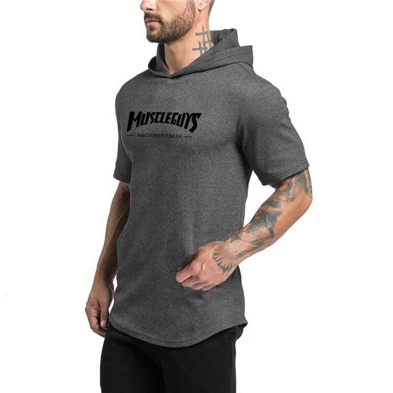 Muscleguys Herren Bodybuilding Hoodies Männer Fitnessstudios Mit Kapuze Kurzarm T-Shirt Fitness Kleidung Muscle Slim Solid Cotton Pullover Sweatshirt