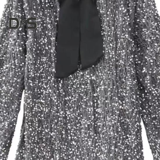 Damen Paillettenkleid mit großer Schleife und langen Ärmeln, A-Linie, lockerer Pullover, knielang, Cocktailparty, Club, Minikleid