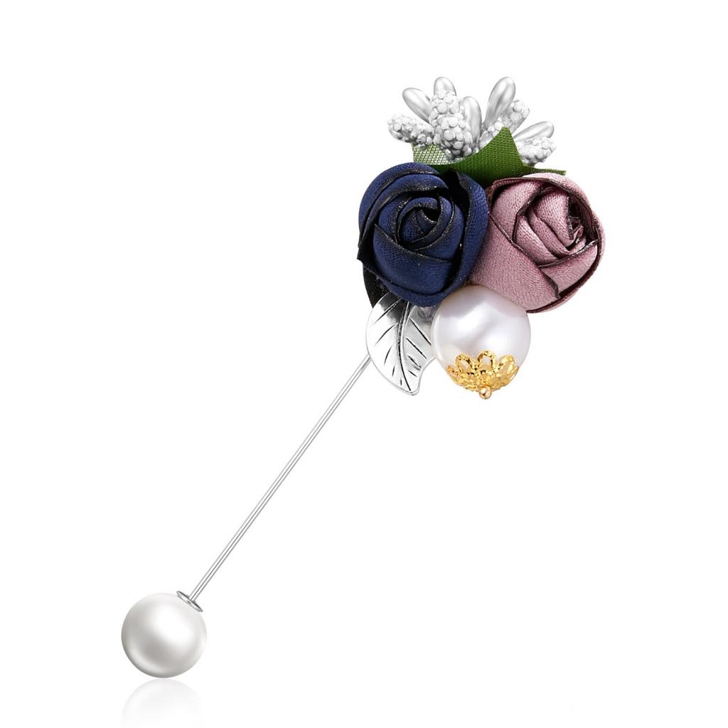 Romantic Cloth Art Fabric Rose Flower Long Needle Brooches For Women Men  Double Floral Imitation Pearl Pins Suit Jewelry