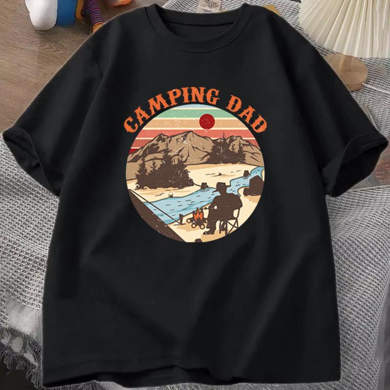 Outdoor Camping Dad T‑shirt "Camping Dad" Vintage Sunset Mountain Design Casual Short Sleeve Mens Tee Fathers Day Gift