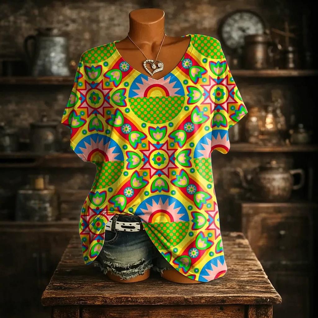 Fashionable Comfortable Oversized Breathable Women's V-neck T-shirt Colorful Creative Geometry 3D Pattern Summer Short Sleeved T-shirt