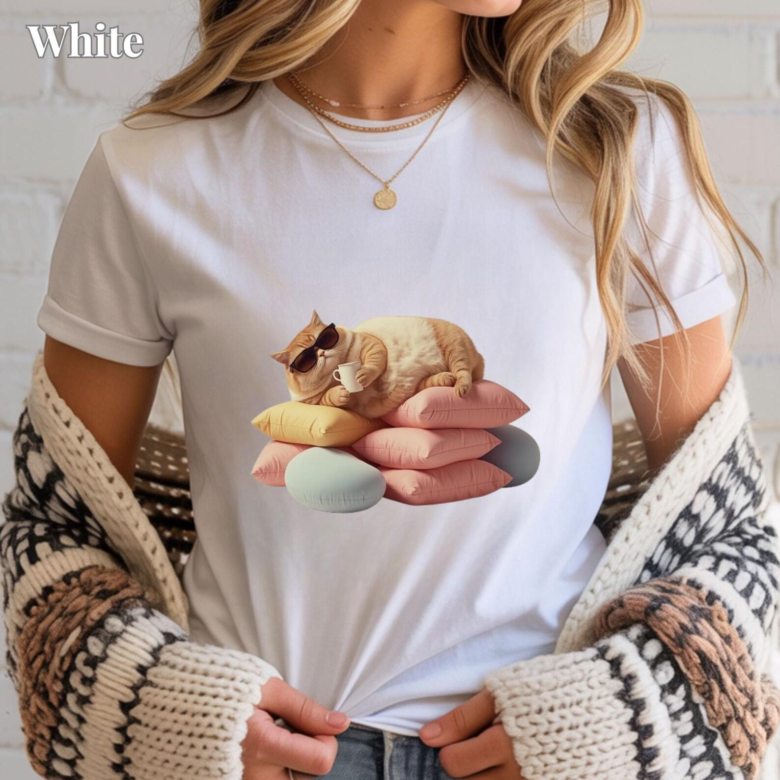 Sleeping Cat on Pillows T-Shirt | Cozy Pastel Cat Lover Tee | Cute Kawaii Aesthetic Graphic Shirt | Cat Mom Gift S