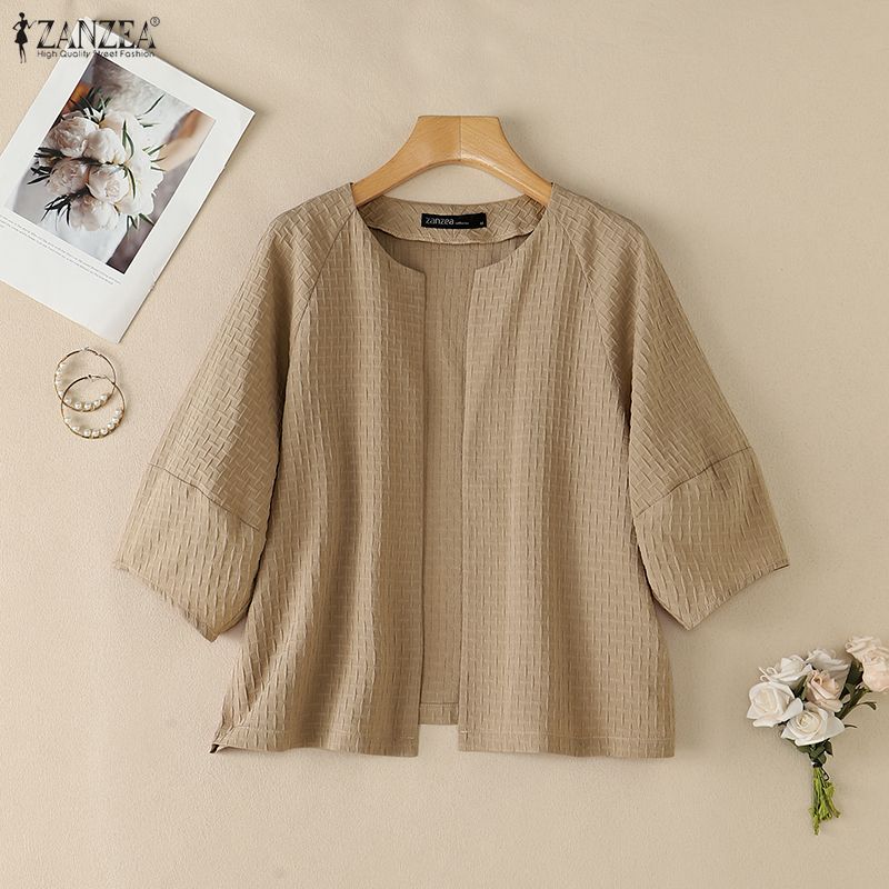 ZANZEA Womens Casual Open Front Loose 3/4 Sleeve Thin Cardigan Blouse