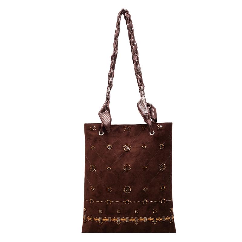 New Heavy-duty Beaded Denim Flannel Shoulder Bags Ethnic Style Versatile Crossbody Bags Large Capacity Retro Handbags for Women