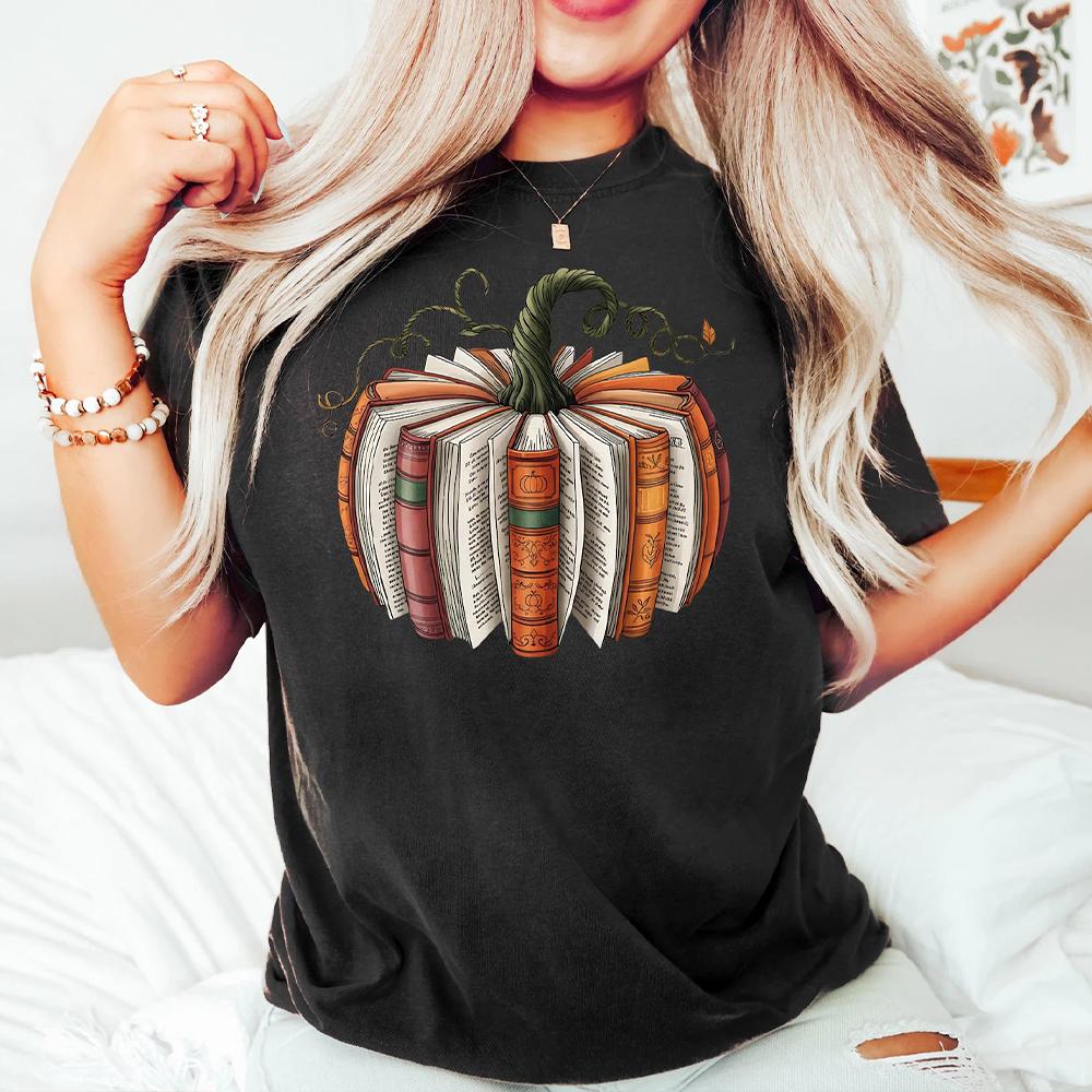 Vintage Women Teacher Fall Book Fall Pumpkin Bookish Tshirt Book Lover Gift Dark Academia Crewneck Unisex Y2K Top Streetwear