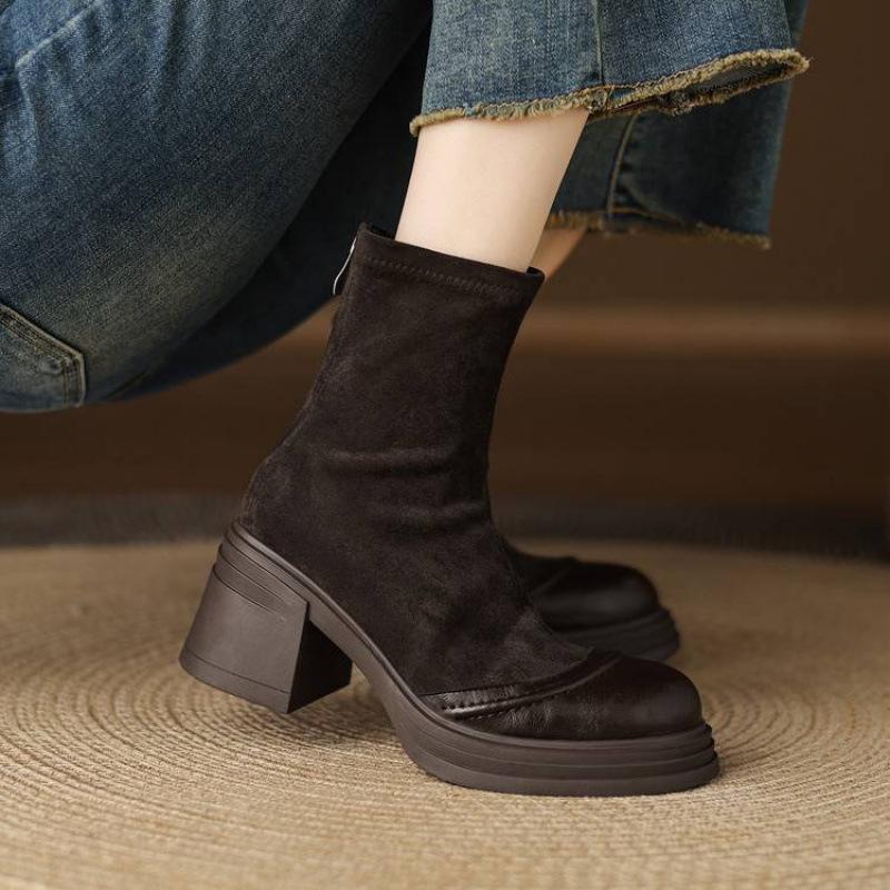 New Women's Elastic Suede Medium Boots Solid Color Thick-soled Large-size Women's Boots Rear Zipper Round Head Autumn and Winter Martin Boots