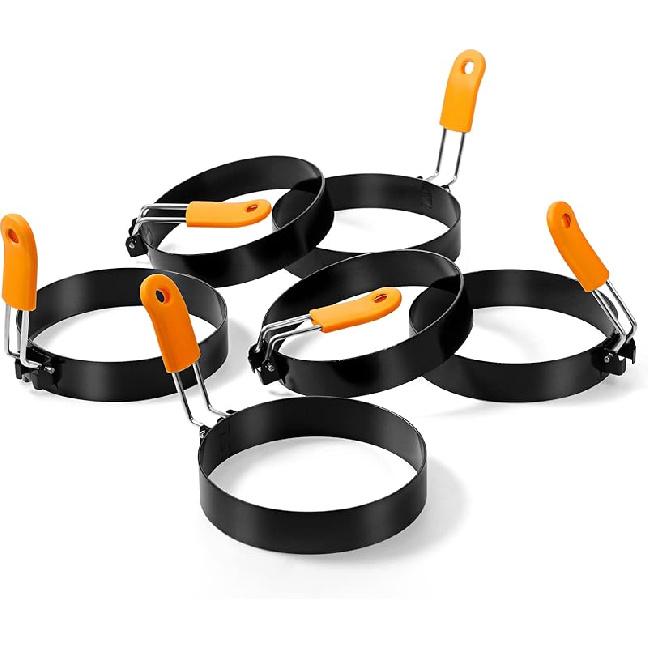 Patelai 6 Pcs Professional Egg Ring Pancake Ring Set Stainless Steel Fried Egg Molds Griddle Pancake Shapers with Orange Silicone Handle for 4 Inch