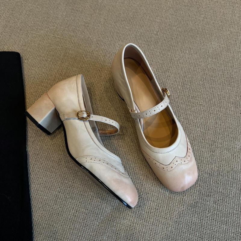 Sheepskin ~ versatile one-button shallow thick heel Mary Jane shoes women's vintage brogue square toe shoes leather single shoes